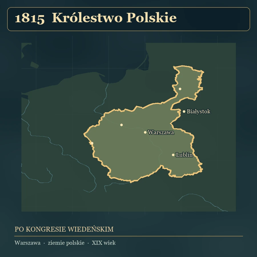 Mapa pokazuje zasięg państwa w wybranym roku. Widoczne są także sąsiednie ziemie i główne miasta.