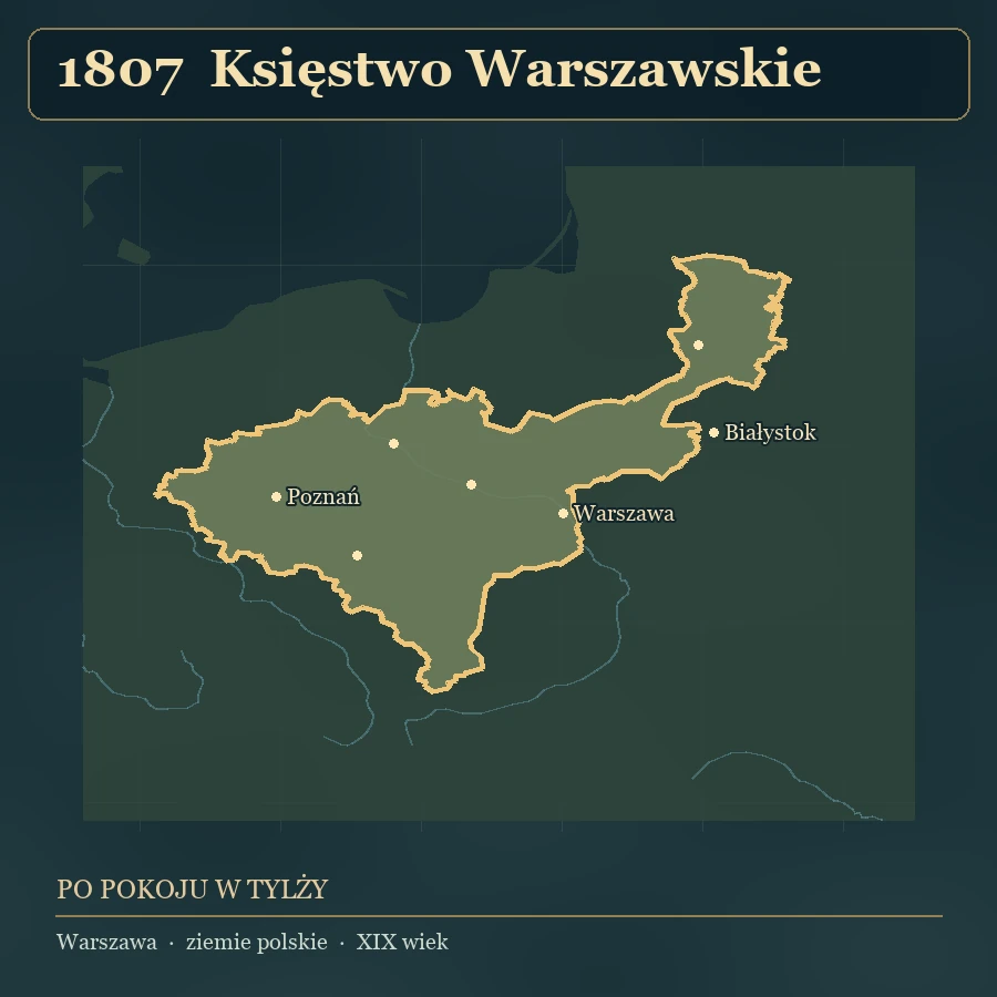 Mapa pokazuje zasięg państwa w wybranym roku. Widoczne są także sąsiednie ziemie i główne miasta.