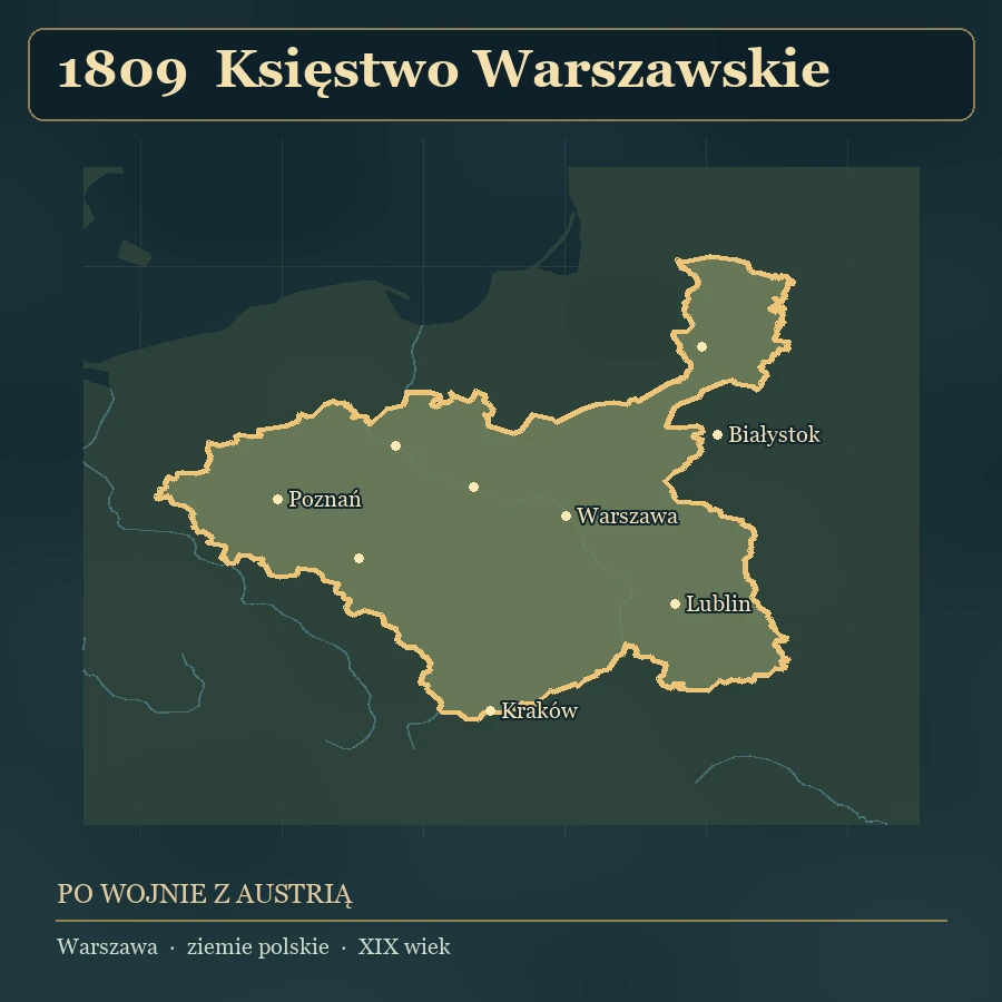 Mapa pokazuje zasięg państwa w wybranym roku. Widoczne są także sąsiednie ziemie i główne miasta.