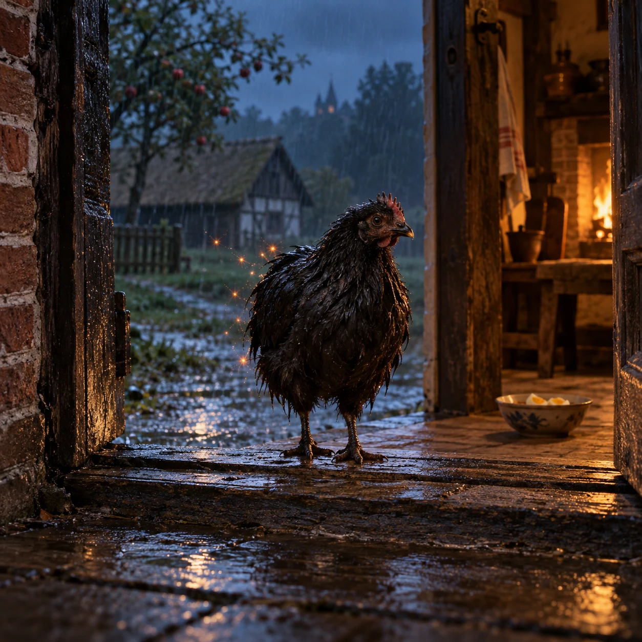 Współczesna ilustracja kłobuka jako zmokłej czarnej kury u progu warmińskiego domu. Ognisty ślad nawiązuje do regionalnych podań.