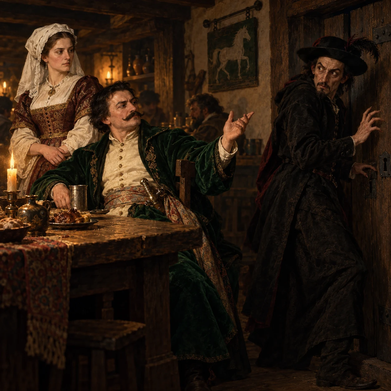 Współczesna ilustracja finału „Pani Twardowskiej”: czarnoksiężnik, jego żona i Mefistofeles w karczmie. Kostiumy są interpretacją literackiej sceny, nie portretami historycznych osób.
