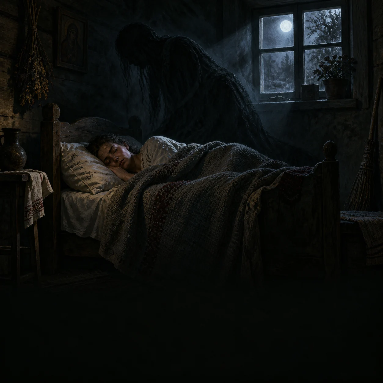 Współczesna ilustracja ludowej opowieści o zmorze w wiejskiej izbie. Cień jest artystycznym przedstawieniem nocnego lęku.