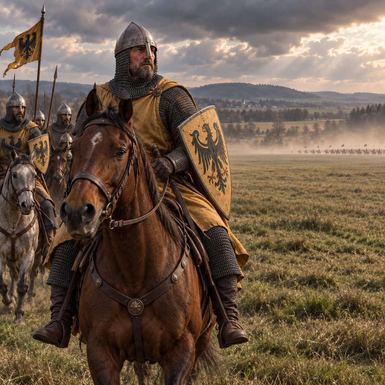 Współczesna ilustracja rycerstwa Henryka II i mongolskich jeźdźców w kontekście kampanii 1241 roku. Nie przedstawia ustalonego ustawienia wojsk ani dokładnego miejsca bitwy.