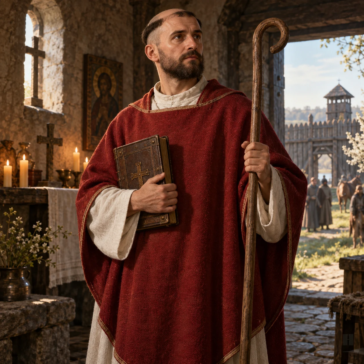 Współczesne przedstawienie Wojciecha inspirowane kontekstem końca X wieku. Nie jest autentycznym portretem ani kopią średniowiecznego zabytku.