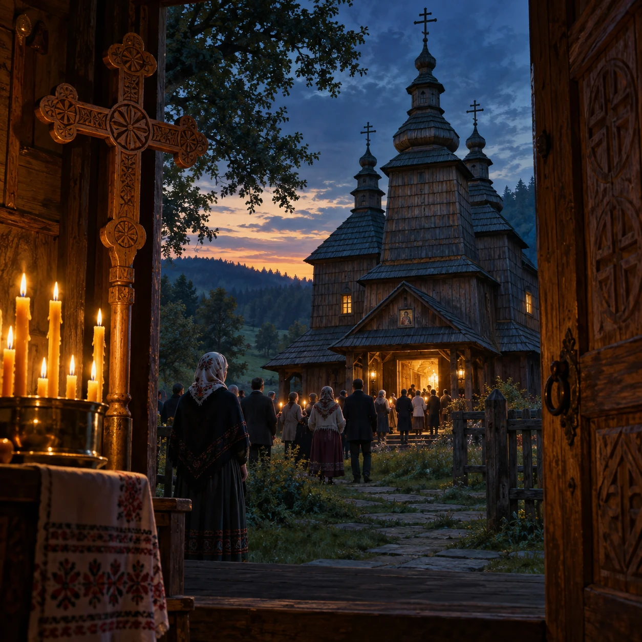 Współczesna ilustracja drewnianej cerkwi z regionu Radruża. Nie przedstawia dokładnego wyglądu zabytku ani jednej udokumentowanej liturgii.