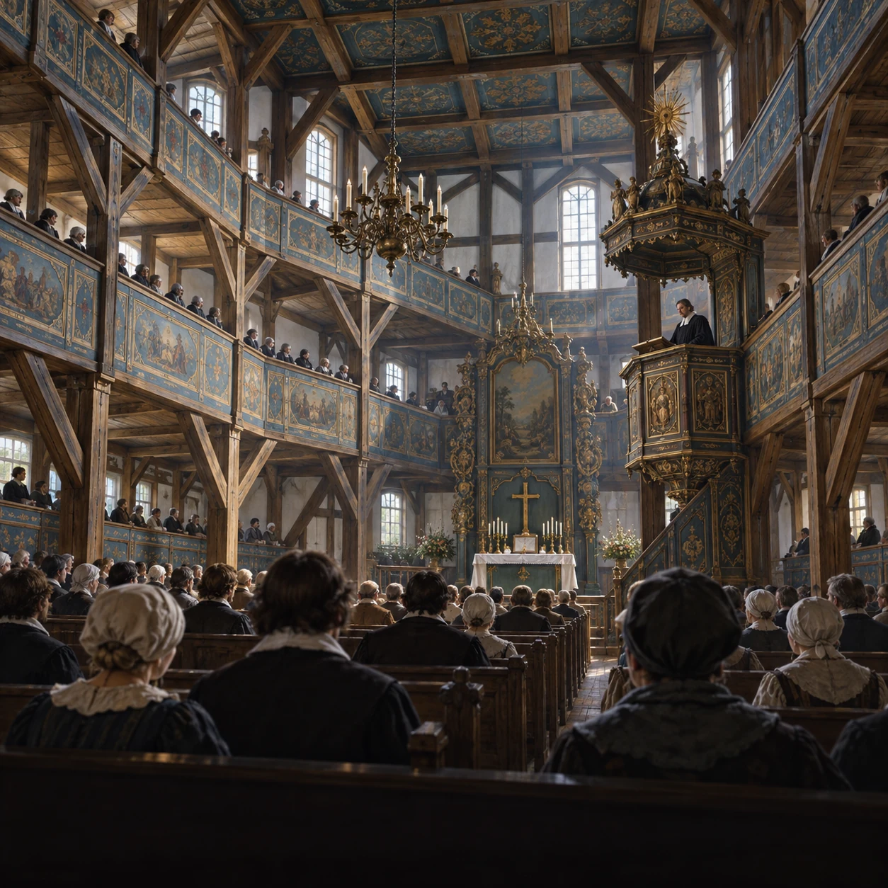 Współczesna ilustracja wnętrza inspirowanego śląskimi Kościołami Pokoju. Nie odtwarza dokładnego wystroju żadnej świątyni.