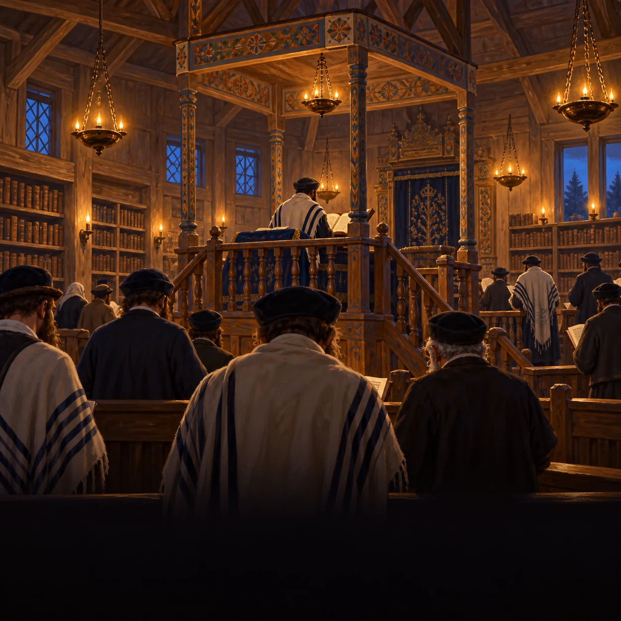 Współczesna ilustracja wnętrza drewnianej synagogi inspirowana budownictwem dawnej Rzeczypospolitej. Nie odtwarza konkretnego obiektu.