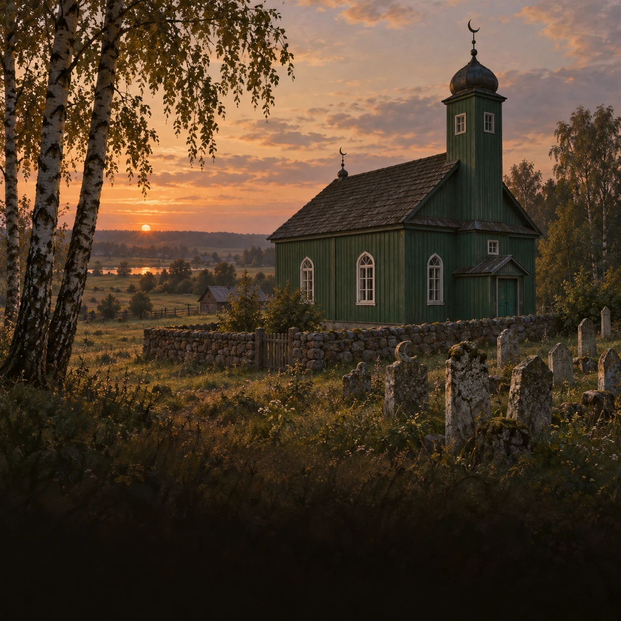 Współczesna ilustracja drewnianego meczetu i mizaru na Podlasiu. Nie jest fotografią konkretnego zabytku.